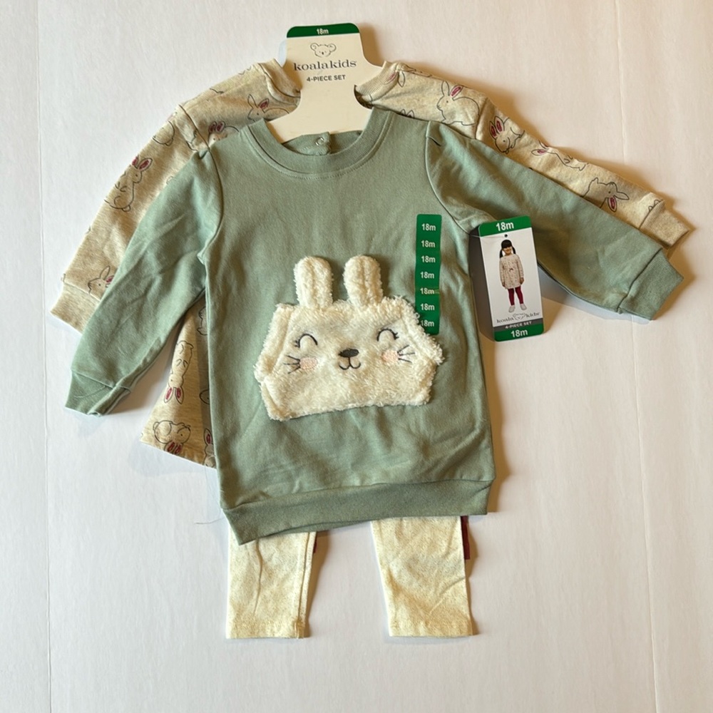 Koala Kids 4-Piece Set, Girls 18M, 2 Bunny Themed Sweater Sets w Leggings